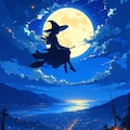 中央に配置された魔女と幻想的な満月の夜景 2枚目