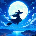 中央に配置された魔女と幻想的な満月の夜景 5枚目