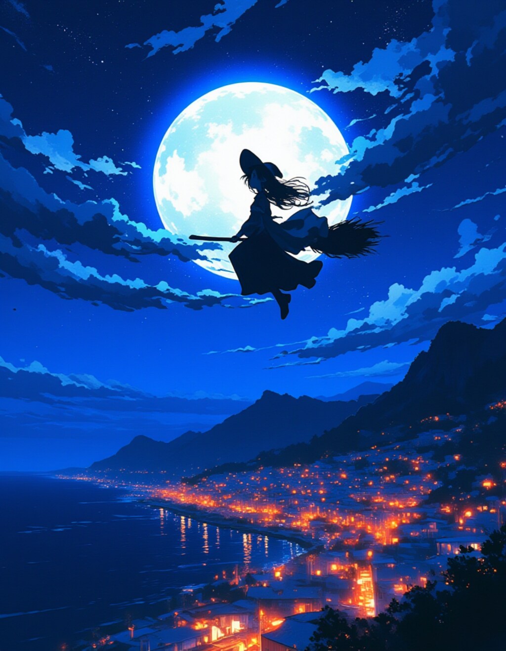 中央に配置された魔女と幻想的な満月の夜景