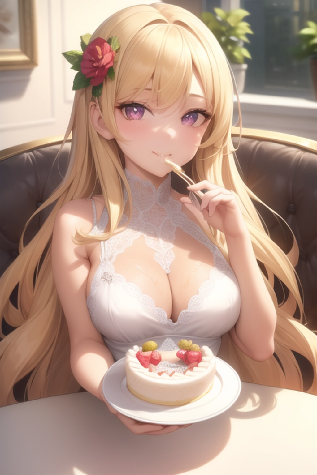 ケーキを食する金色の髪の少女