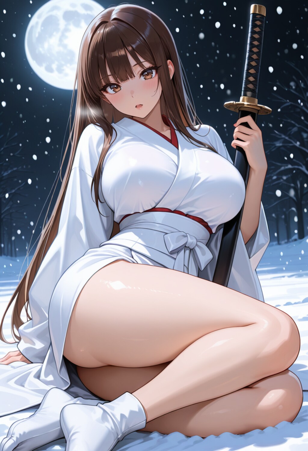 白雪と月夜と着物と日本刀