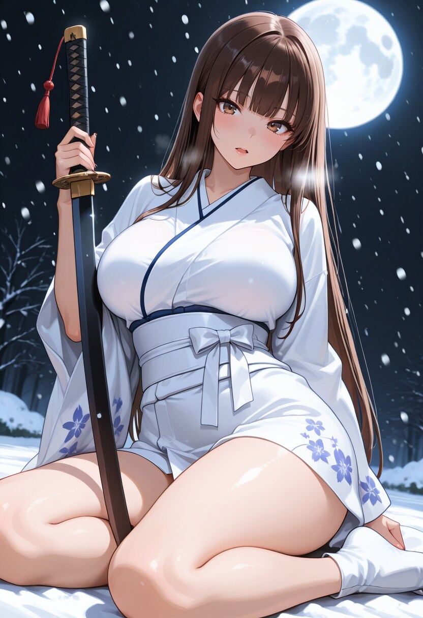 白雪と月夜と着物と日本刀