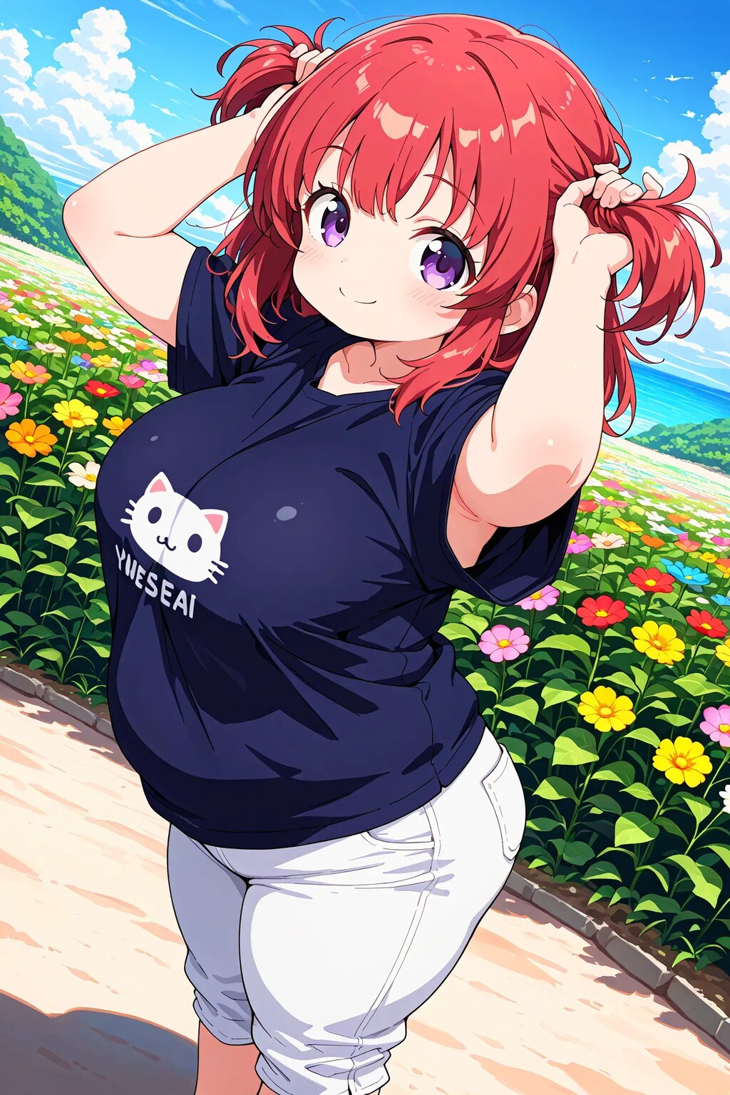 めぐみちゃんが髪を束ねる