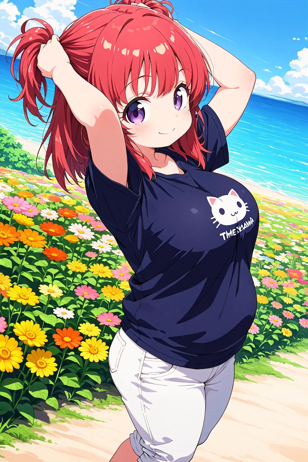 めぐみちゃんが髪を束ねる