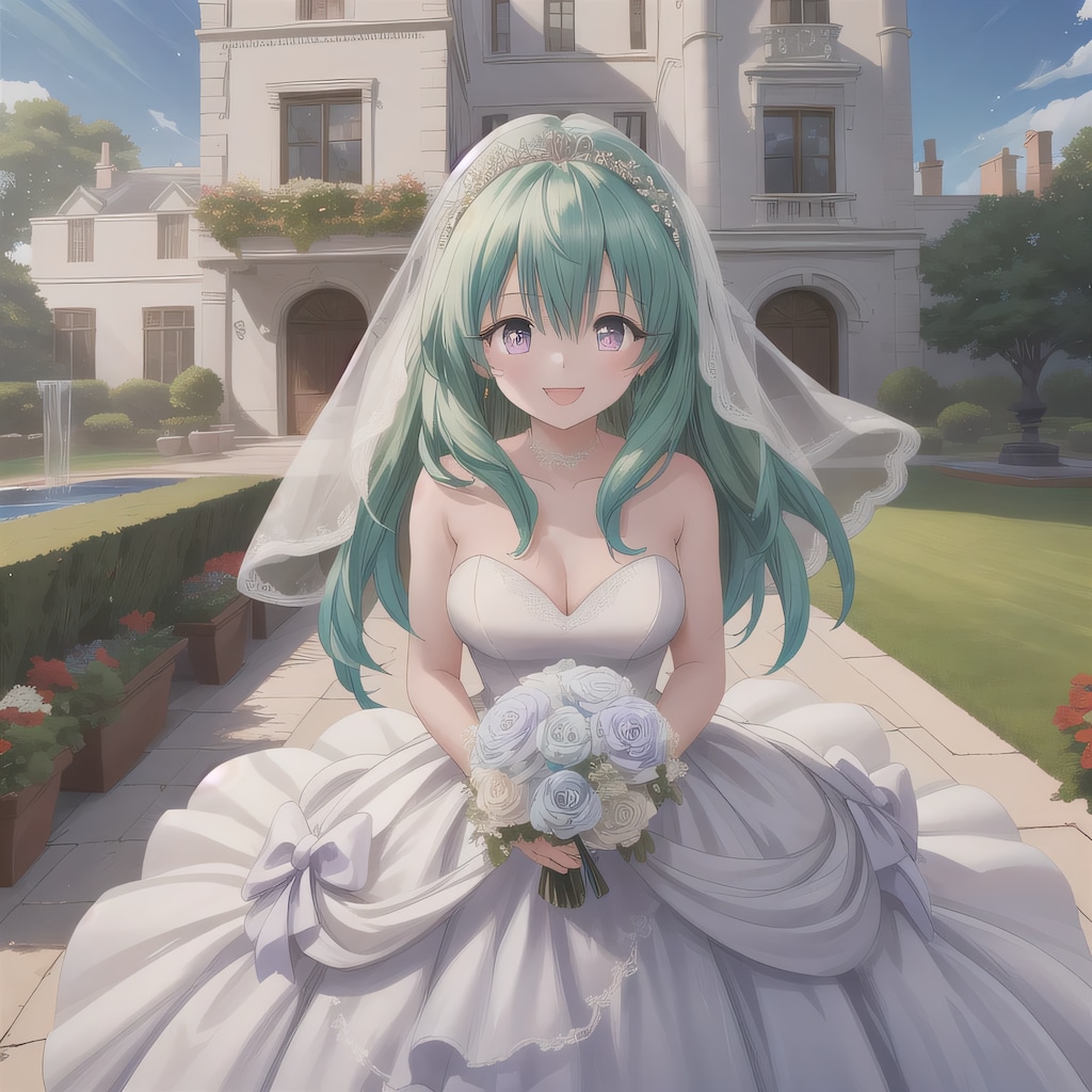 緑髪ロングでウェディングドレスの少女