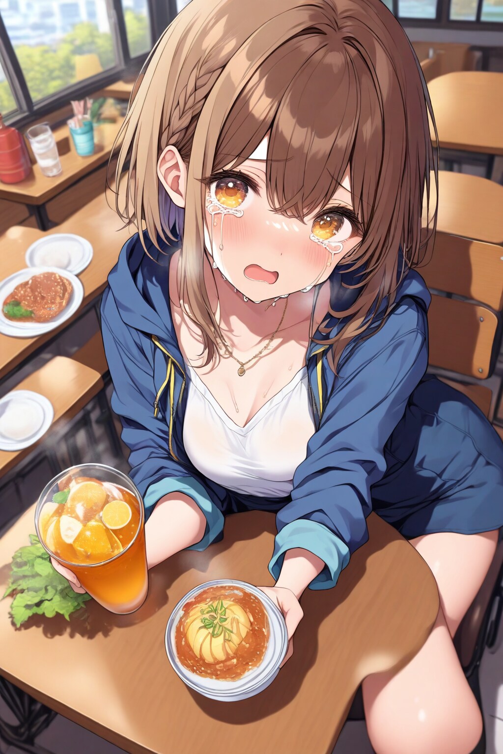 辛い料理で泣いている