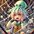 マルが頭にイカのせて白い墨を吐かせ、クモの巣絡めるだけの健全イラスト 4枚目