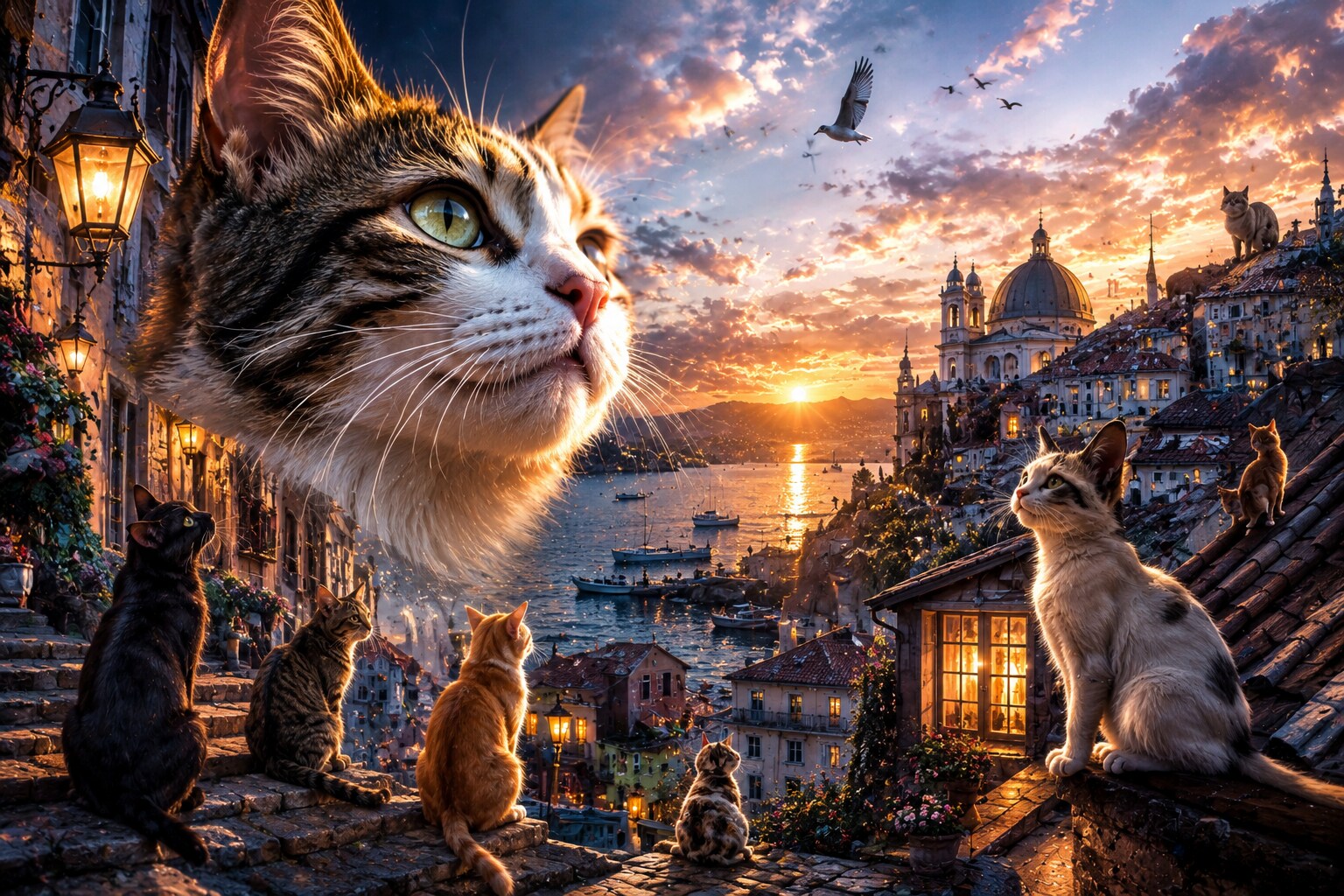猫たちの見つめる夕陽 | の人気AIイラスト・グラビア