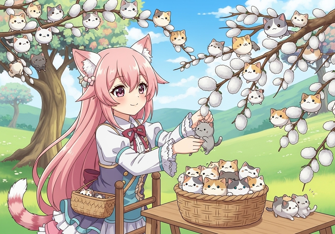 ネコヤナギの収穫・１ | の人気AIイラスト・グラビア