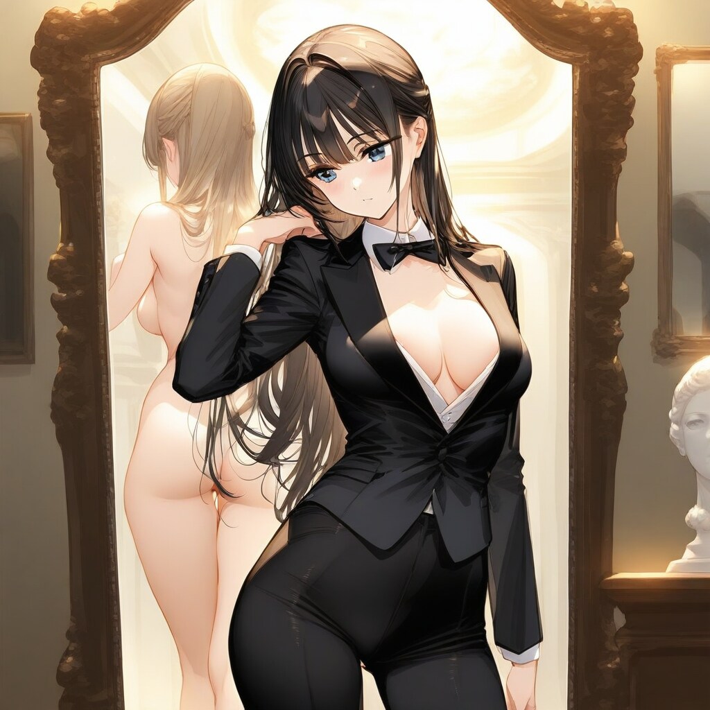 鏡越しで、