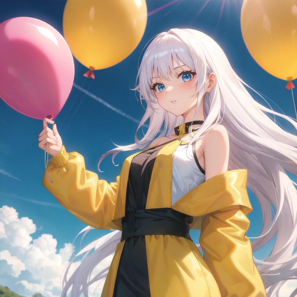 風船を持つ白い髪ロングの美女。