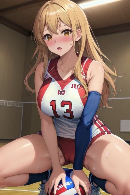 ボールの上にしゃがみ込むギャルバレー部員　その1