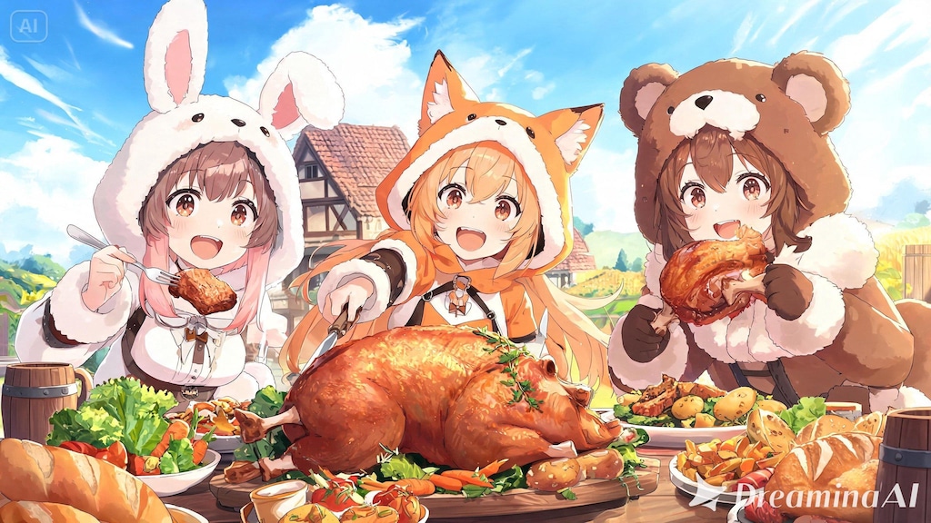 【All0430a】収穫のお手伝いのお礼に春野菜と討伐した野生の豚を使ったご馳走を農家の人達が作ってくれたので美味しく頂いた。（モデル: Seedream 5.0）