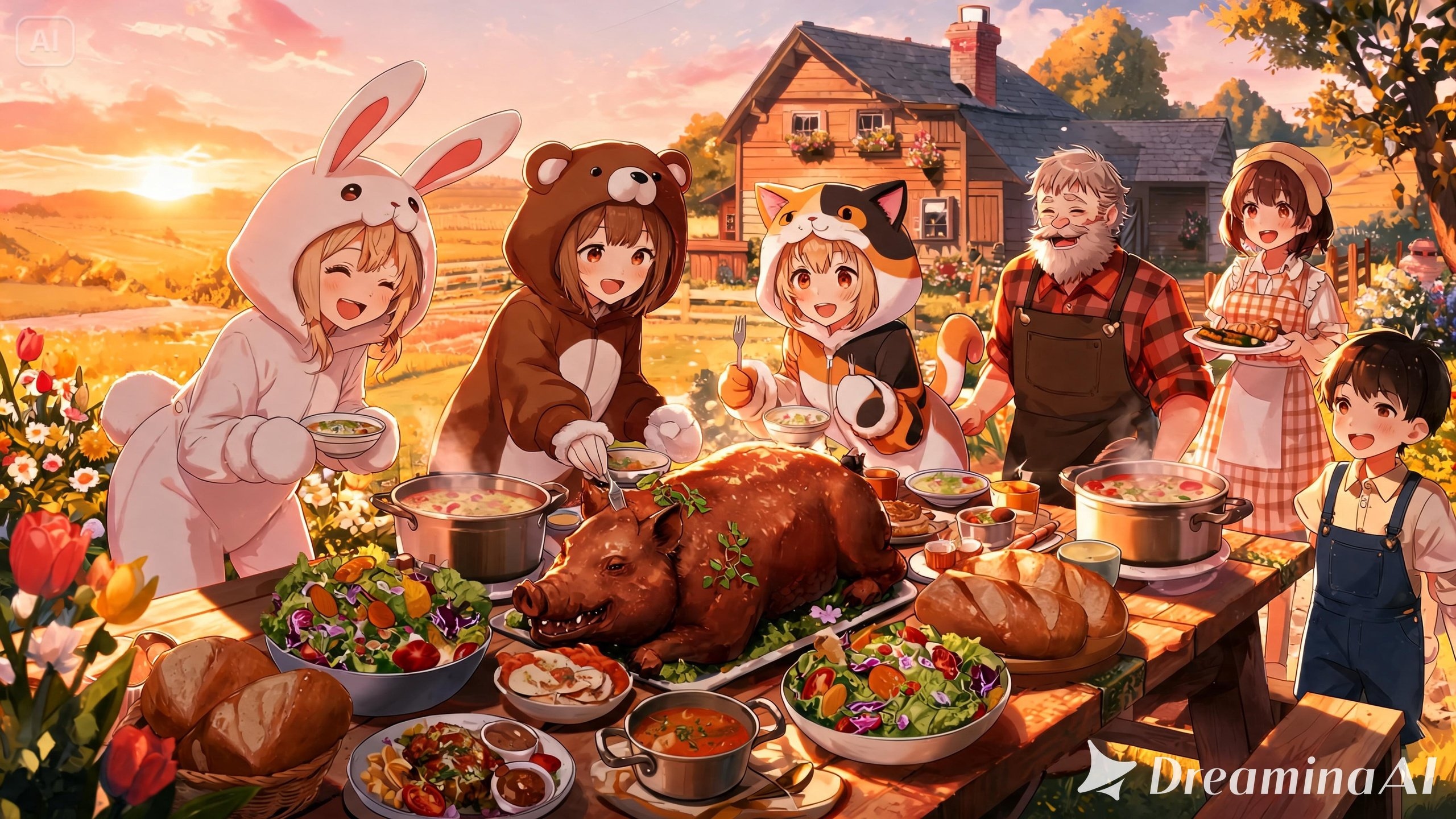 【All0430a】収穫のお手伝いのお礼に春野菜と討伐した野生の豚を使ったご馳走を農家の人達が作ってくれたので美味しく頂いた。（モデル: Seedream 5.0） | の人気AIイラスト・グラビア