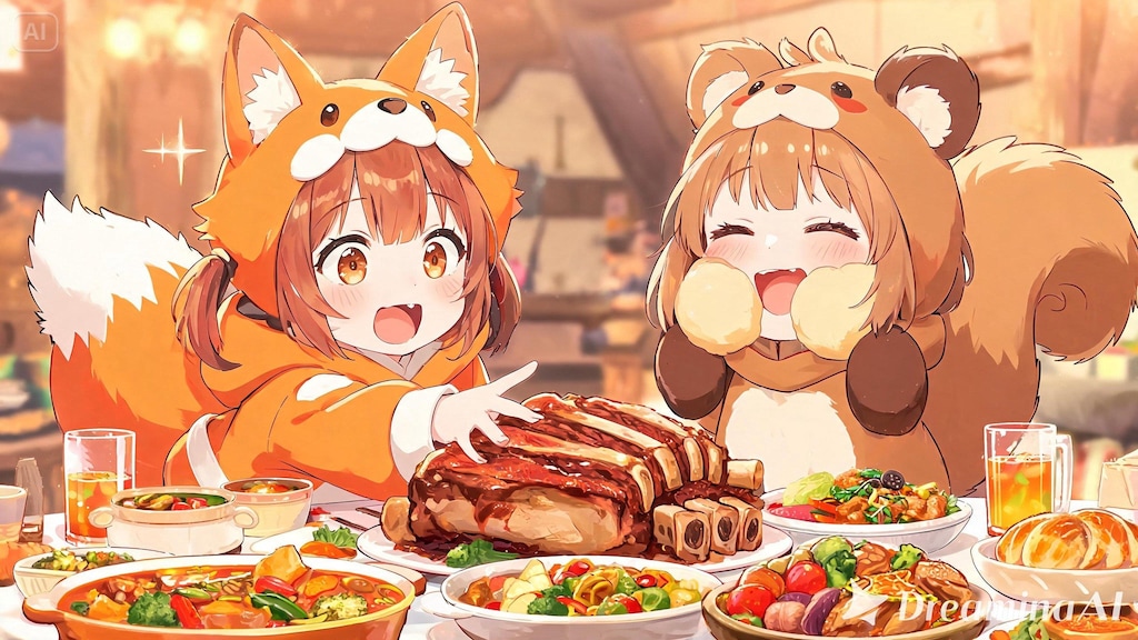 【All0430a】収穫のお手伝いのお礼に春野菜と討伐した野生の豚を使ったご馳走を農家の人達が作ってくれたので美味しく頂いた。（モデル: Seedream 5.0）