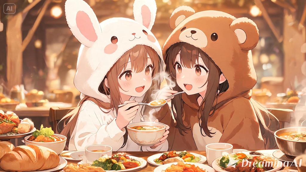 【All0430a】収穫のお手伝いのお礼に春野菜と討伐した野生の豚を使ったご馳走を農家の人達が作ってくれたので美味しく頂いた。（モデル: Seedream 5.0）