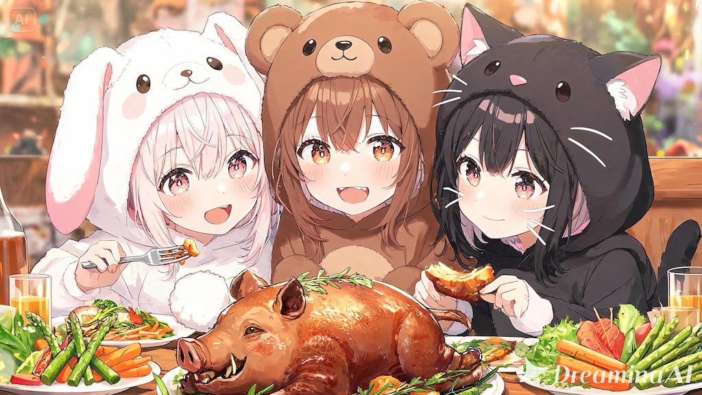 【All0430a】収穫のお手伝いのお礼に春野菜と討伐した野生の豚を使ったご馳走を農家の人達が作ってくれたので美味しく頂いた。（モデル: Seedream 5.0）