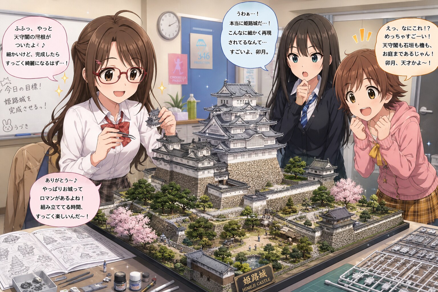 姫路城のプラモデルを組み立てている島村卯月