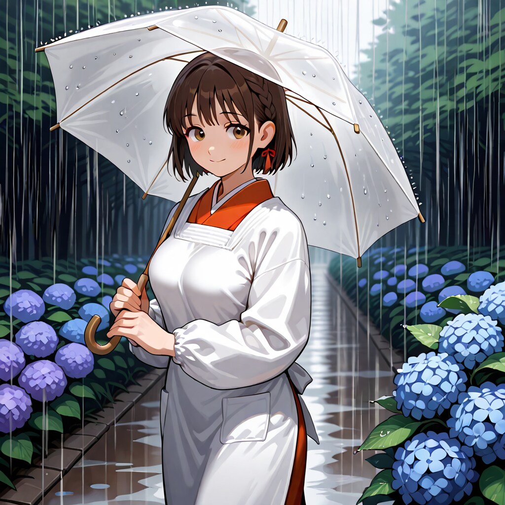 割烹着の女性　紫陽花
