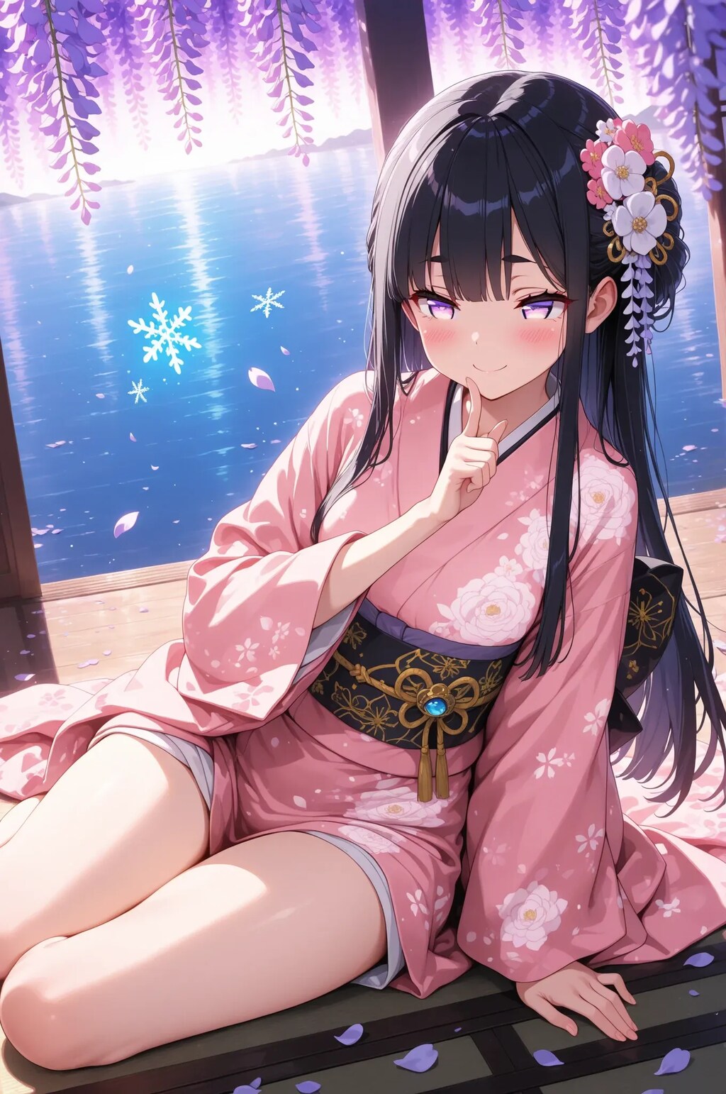 黒髪とピンク髪の着物少女