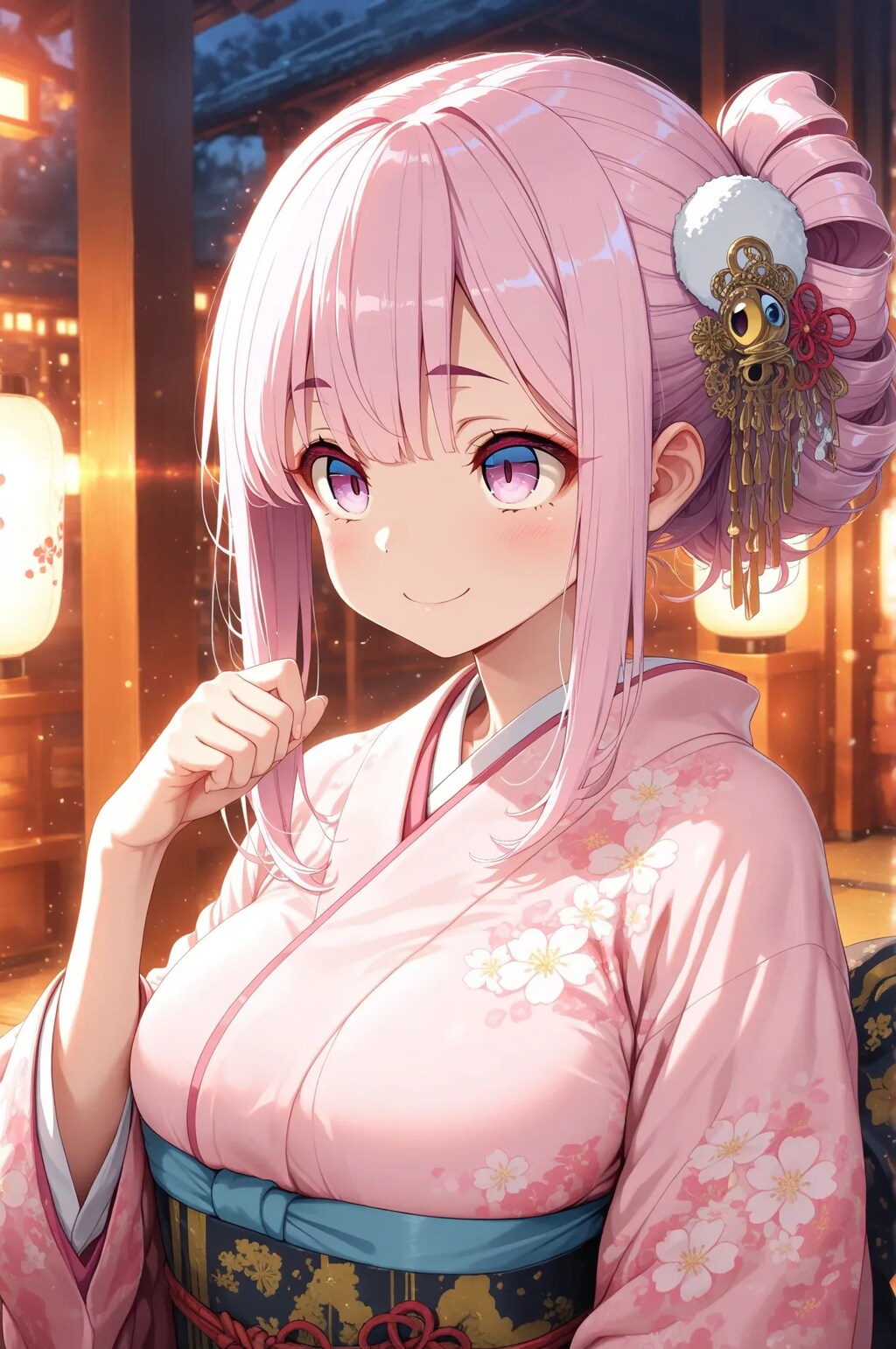 黒髪とピンク髪の着物少女