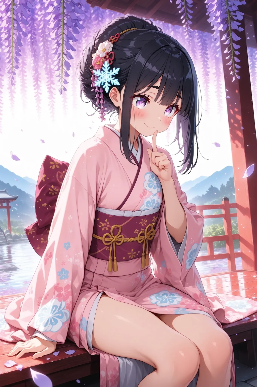 黒髪とピンク髪の着物少女