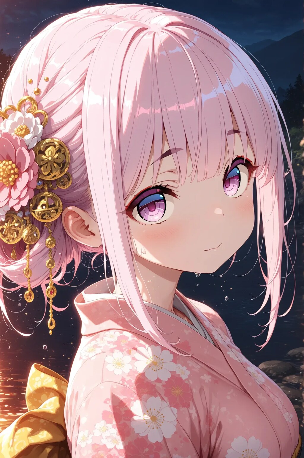 黒髪とピンク髪の着物少女