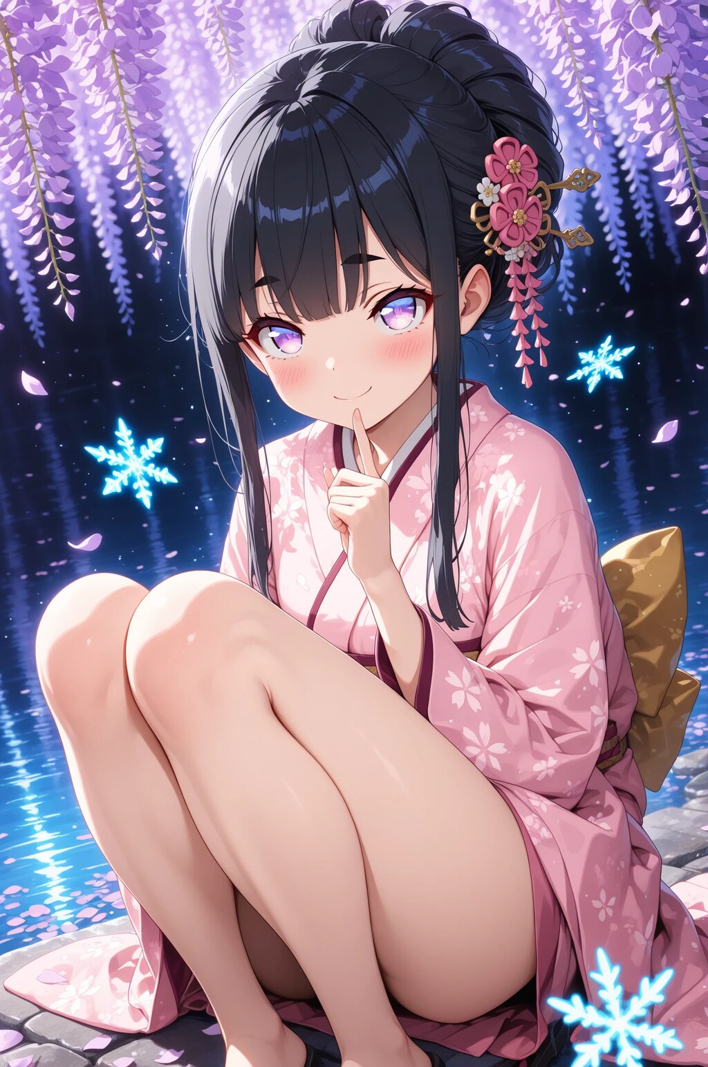 黒髪とピンク髪の着物少女