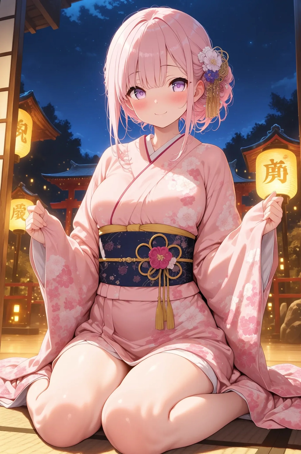 黒髪とピンク髪の着物少女