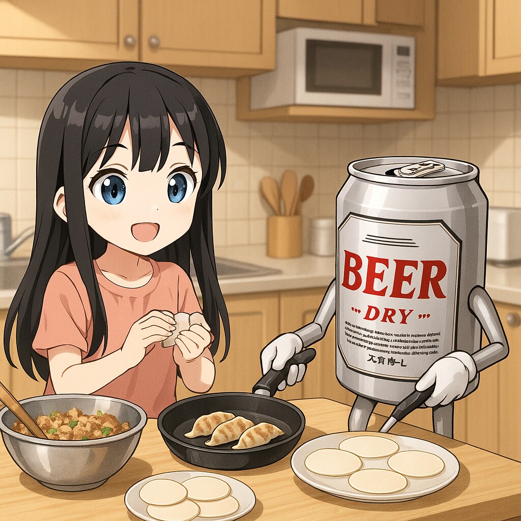 餃子を作るビール缶と小さな女の子