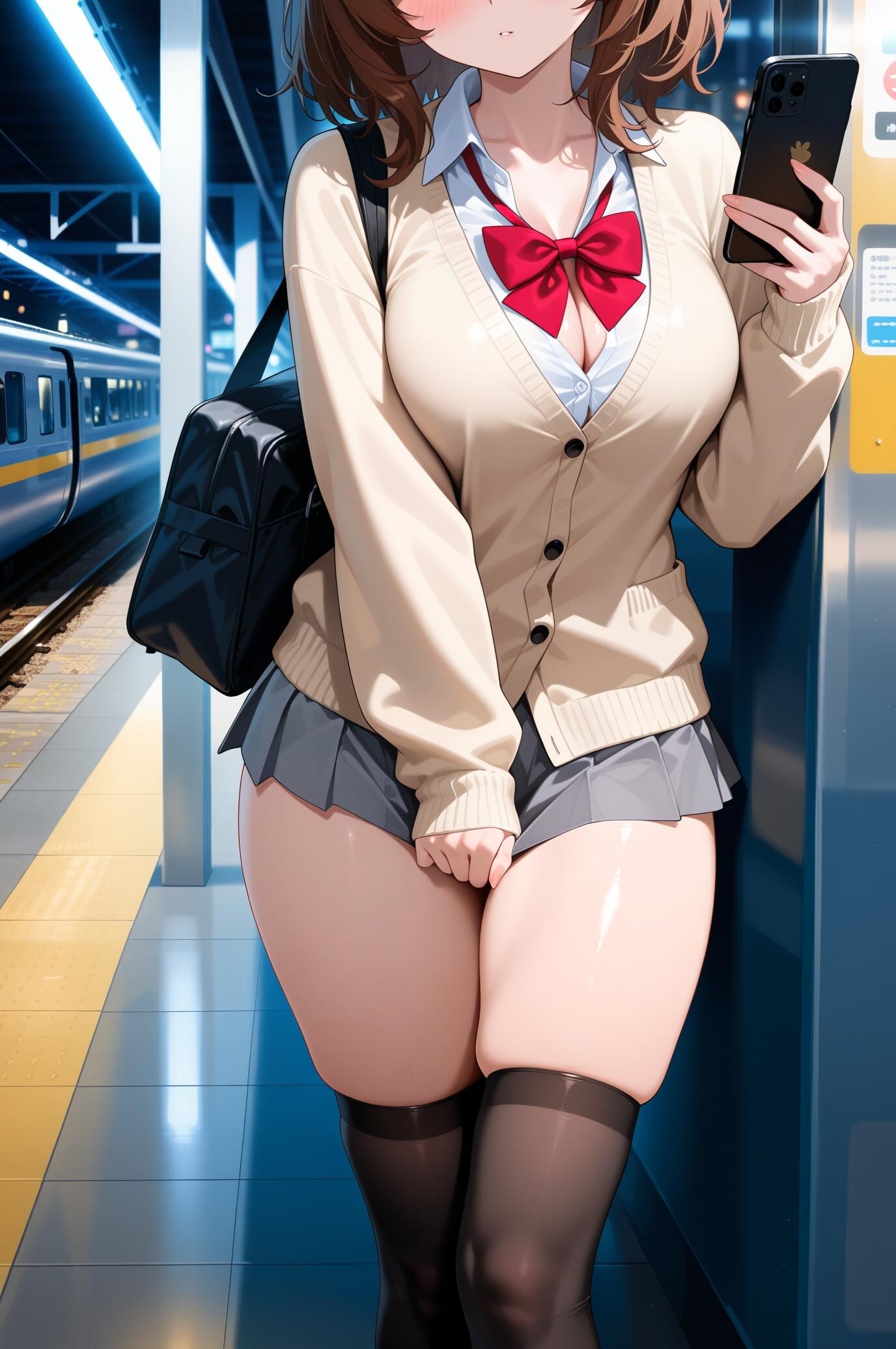 skirt tug, fair skin, shiny skin