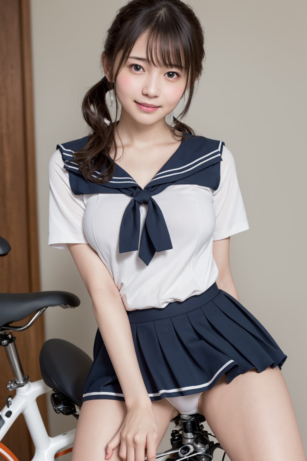 自転車のサドルに跨る女性 vol.11 セーラー服 / ツインテール