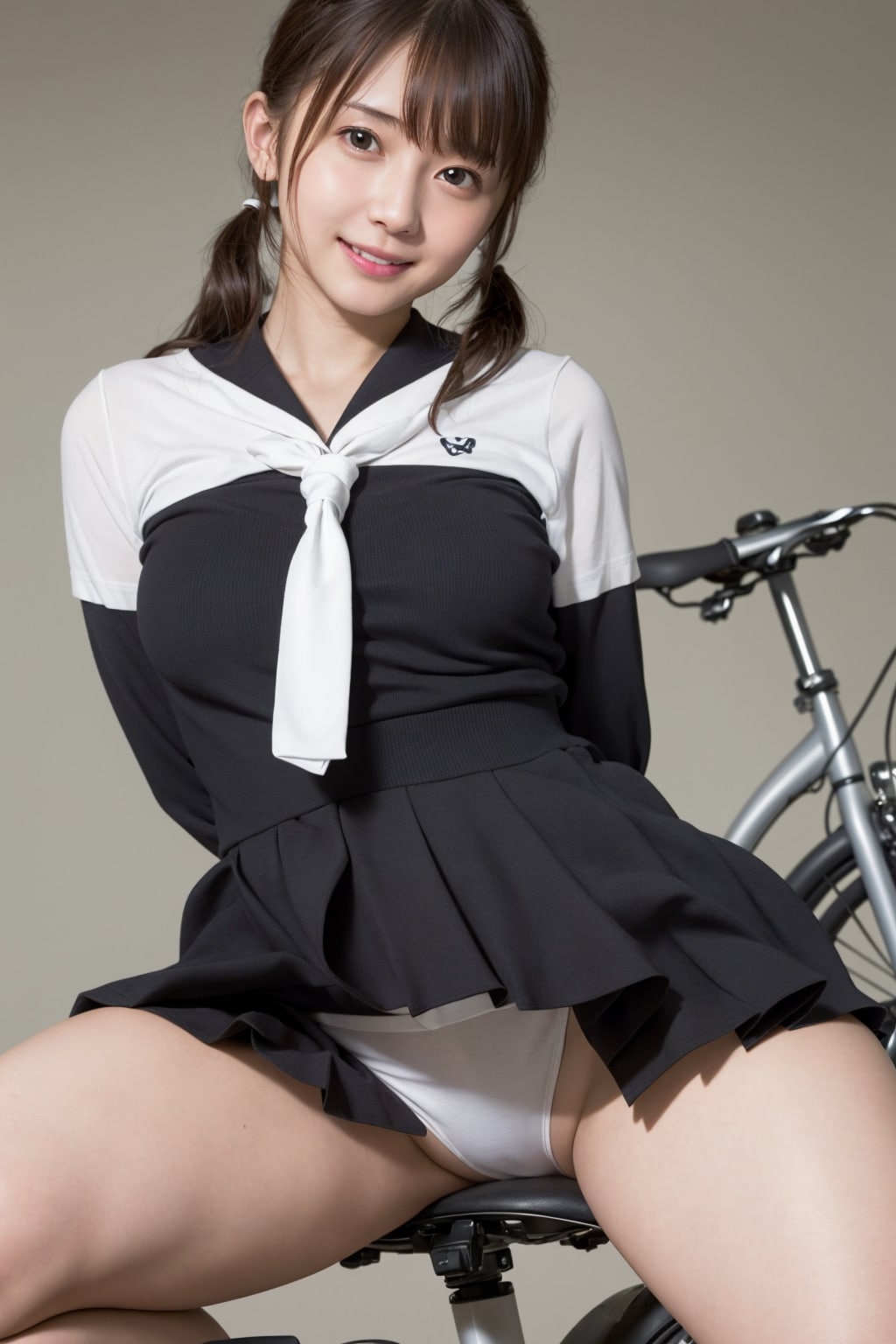 自転車のサドルに跨る女性 vol.11 セーラー服 / ツインテール