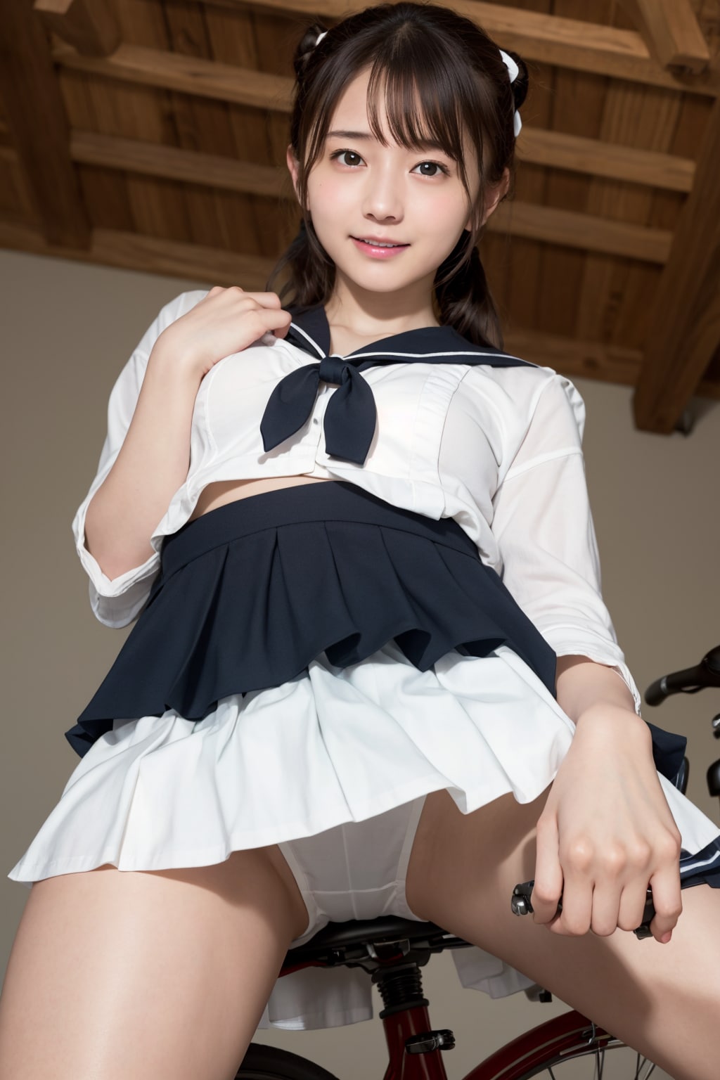 自転車のサドルに跨る女性 vol.11 セーラー服 / ツインテール