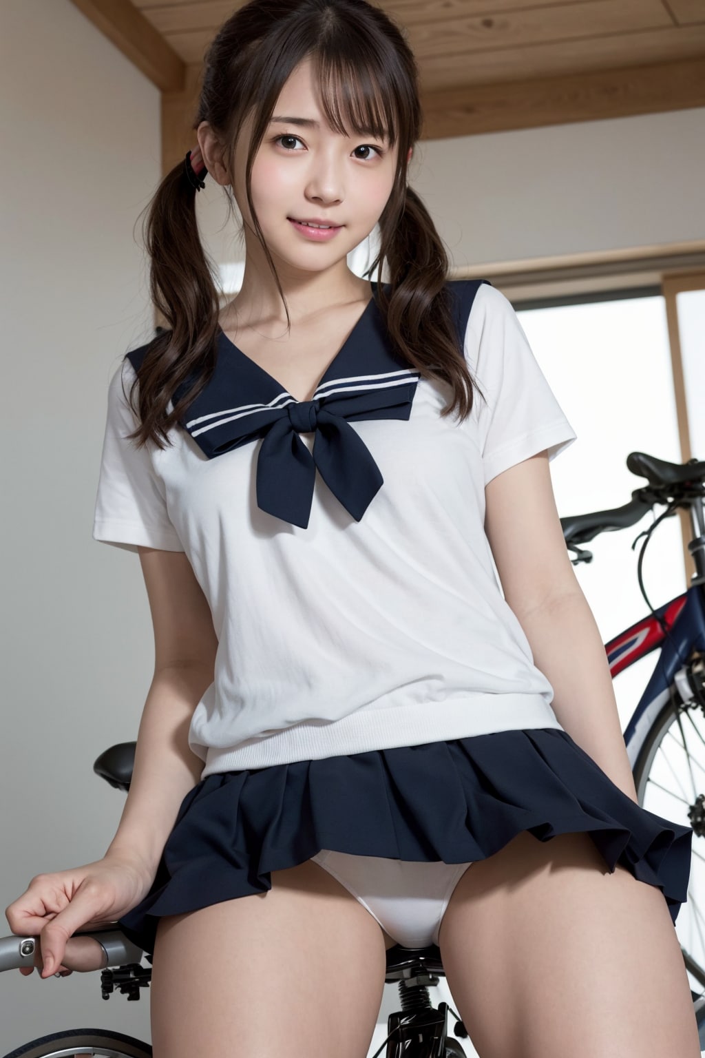 自転車のサドルに跨る女性 vol.11 セーラー服 / ツインテール