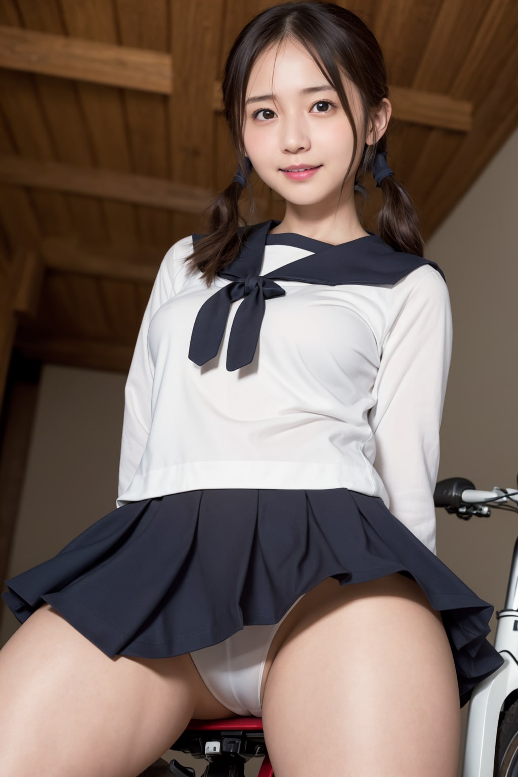 自転車のサドルに跨る女性 vol.11 セーラー服 / ツインテール