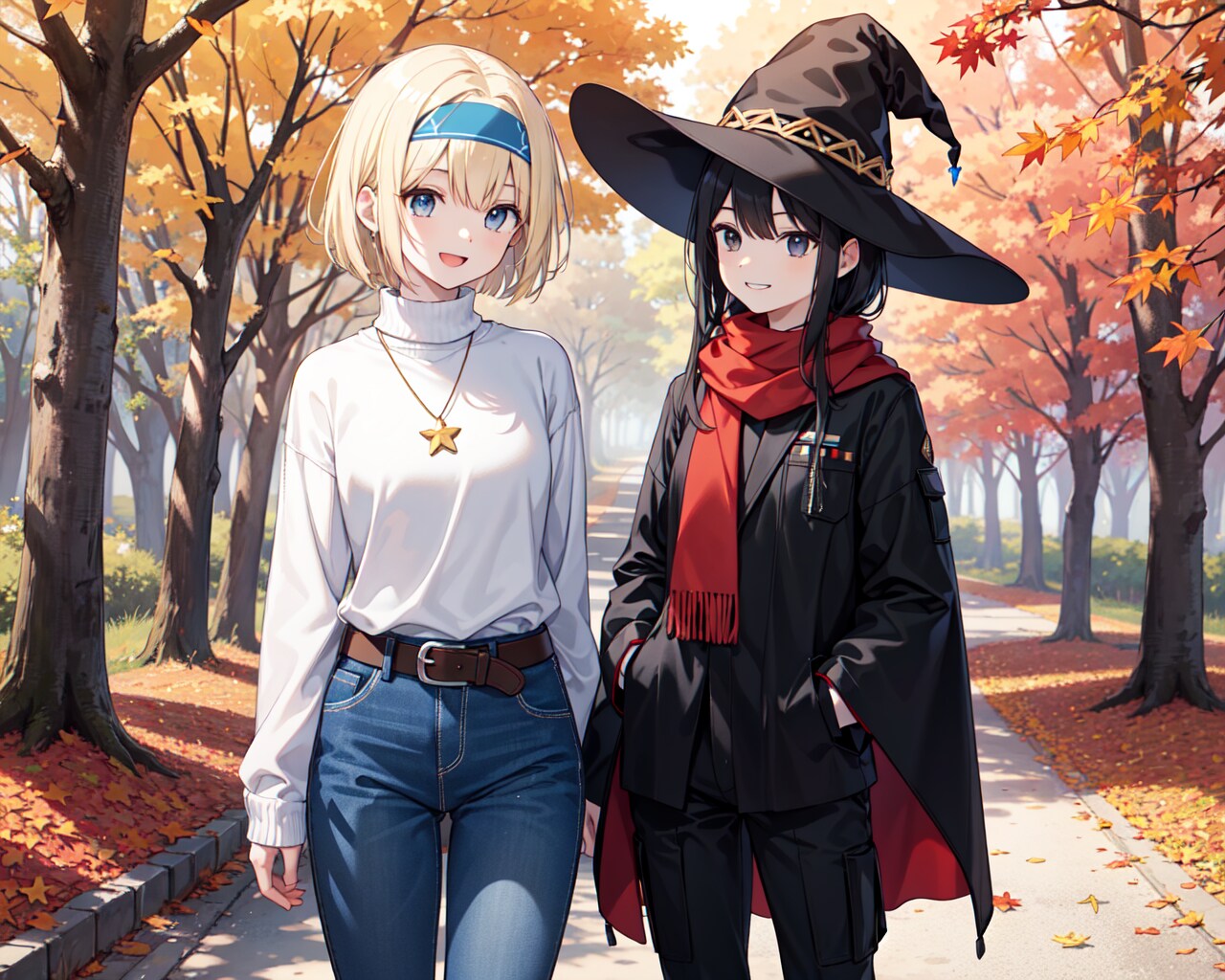 金髪ボブさんと秋の並木身を歩く魔女