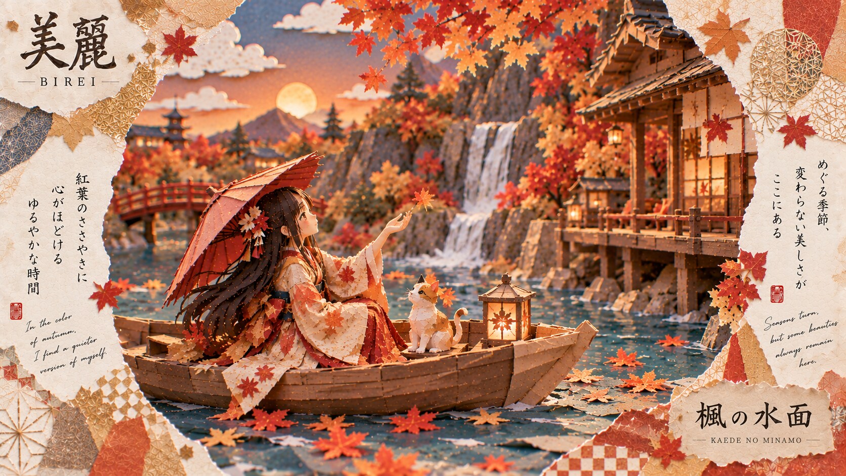 Maple Waters — A Papercraft Autumn Landscape  Seasons turn, but some beauties always remain here.  D | の人気AIイラスト・グラビア