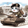 アニメ＆油絵風、ベレー帽軍服コスプレの漫画家猫がGペンで描いた戦車に乗って突撃 5枚目