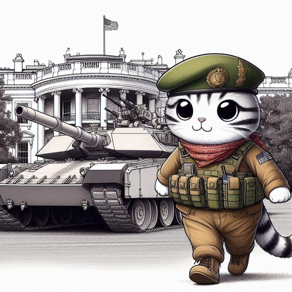 アニメ＆油絵風、ベレー帽軍服コスプレの漫画家猫がGペンで描いた戦車に乗って突撃