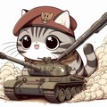 アニメ＆油絵風、ベレー帽軍服コスプレの漫画家猫がGペンで描いた戦車に乗って突撃 8枚目