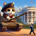 アニメ＆油絵風、ベレー帽軍服コスプレの漫画家猫がGペンで描いた戦車に乗って突撃 2枚目