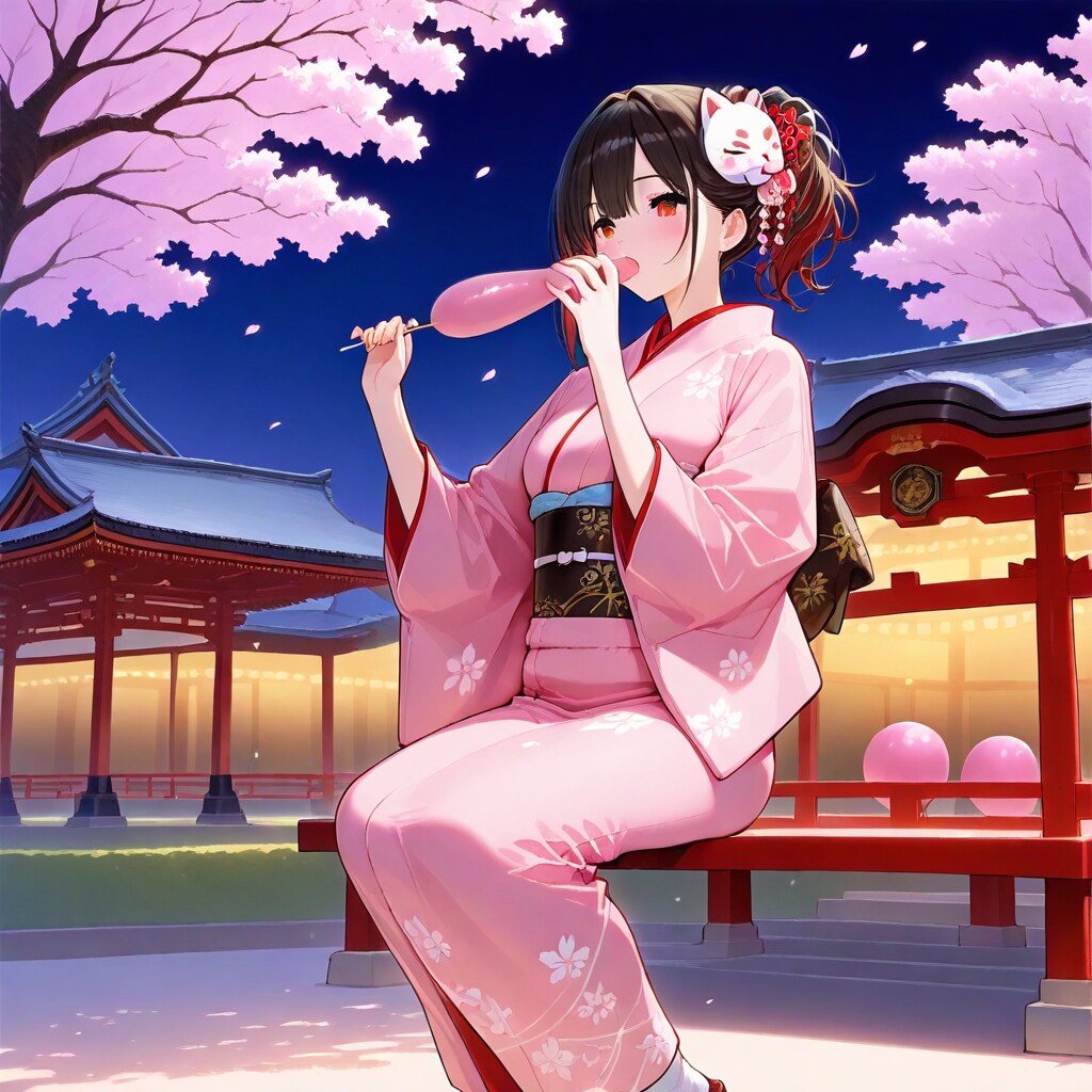 桜咲く夜の公園でピンクの風船を膨らませて遊ぶ着物の美女