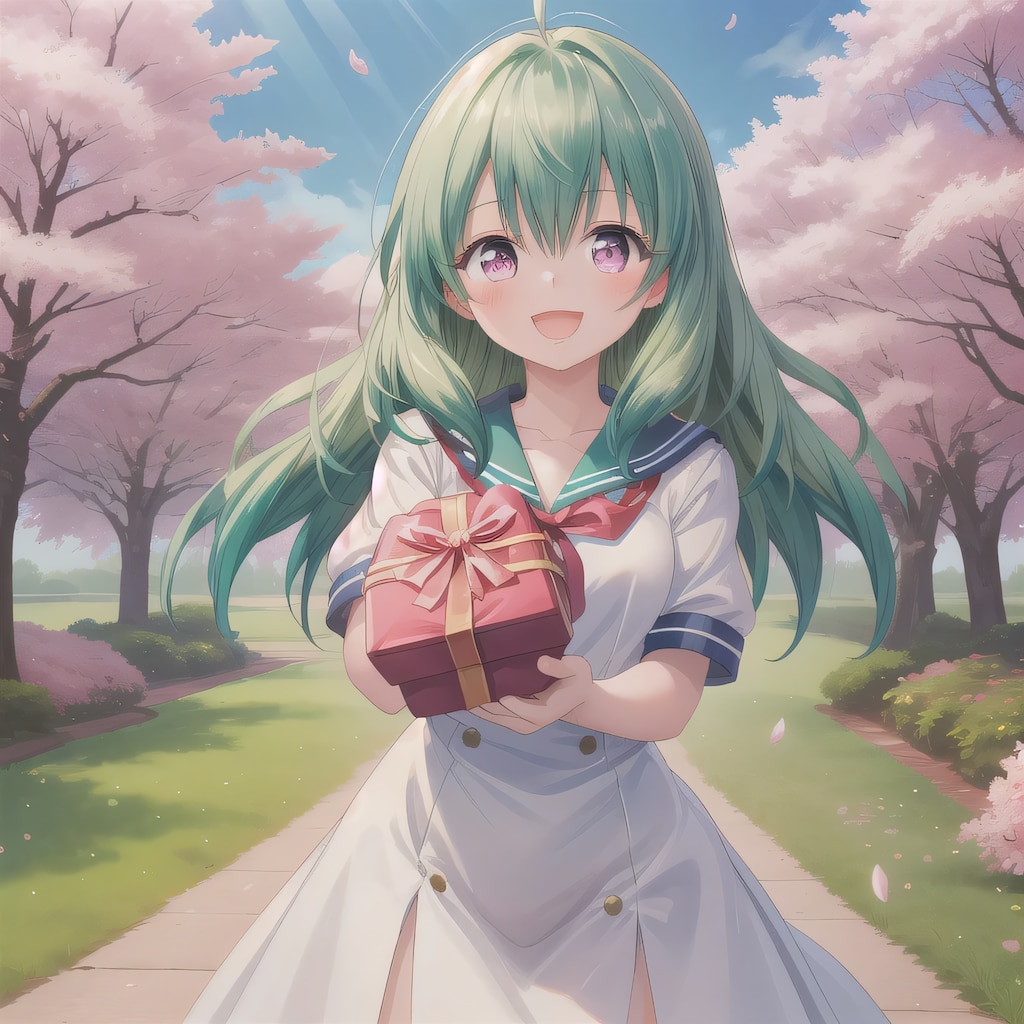 緑髪ロングでセーラー服の少女