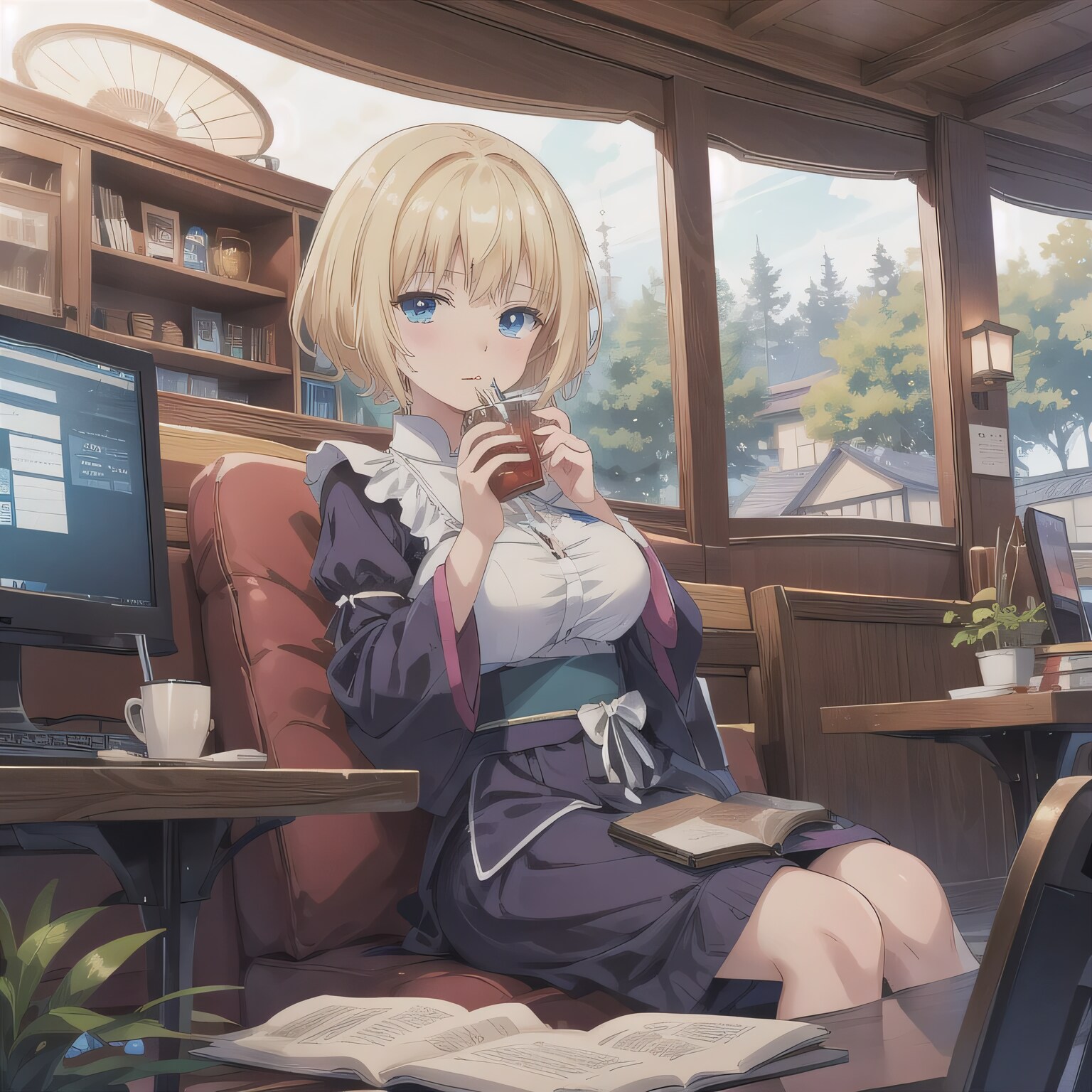 金髪ボブで漫画喫茶の少女２ | の人気AIイラスト・グラビア