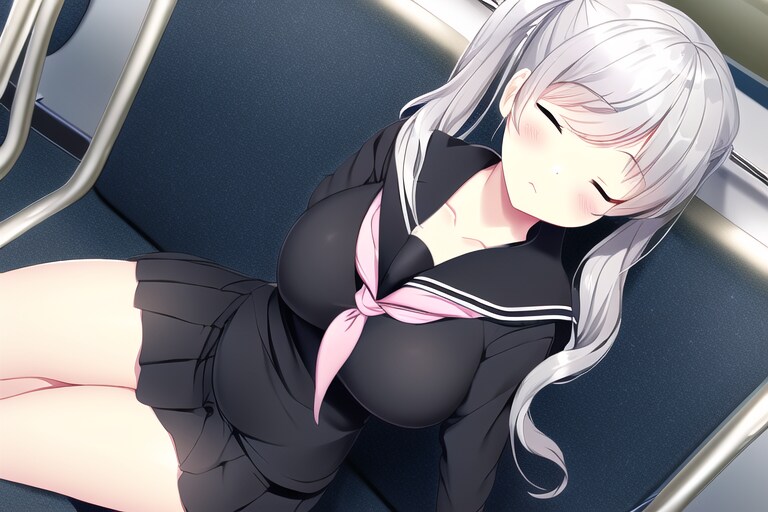 電車の中で無防備に眠る銀髪ツインテールちゃん