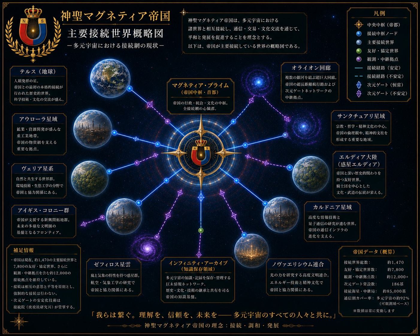 神聖マグネティア帝国 主要接続世界概略図