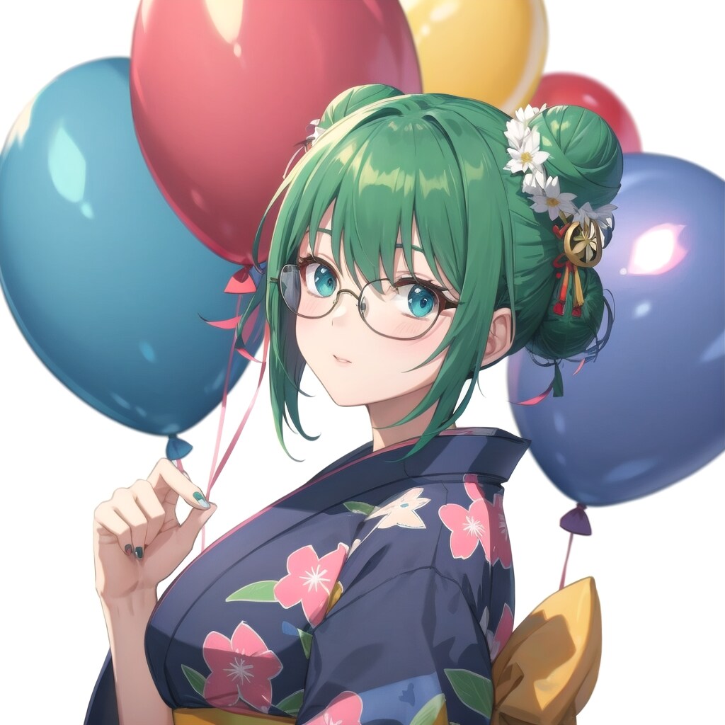 いっぱい色とりどりの風船を持つ緑髪お団子ヘアの浴衣着た美女 | の人気AIイラスト・グラビア