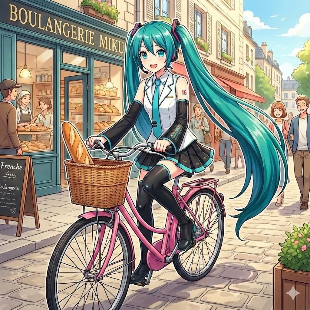 自転車に乗るミクさん