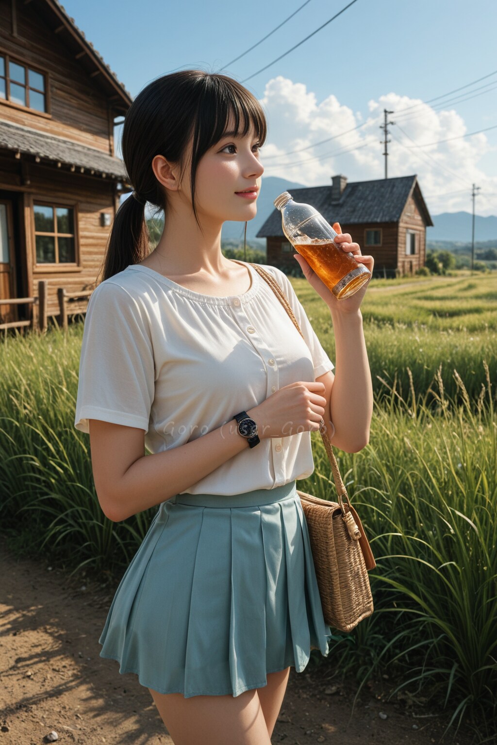 [問題に解答]冷たい麦茶を飲む田舎道 | の人気AIイラスト・グラビア